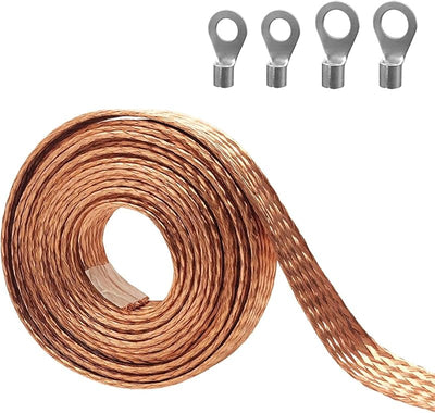 Correa tierra trenzada cobre plano 9.84ft terminal anillos