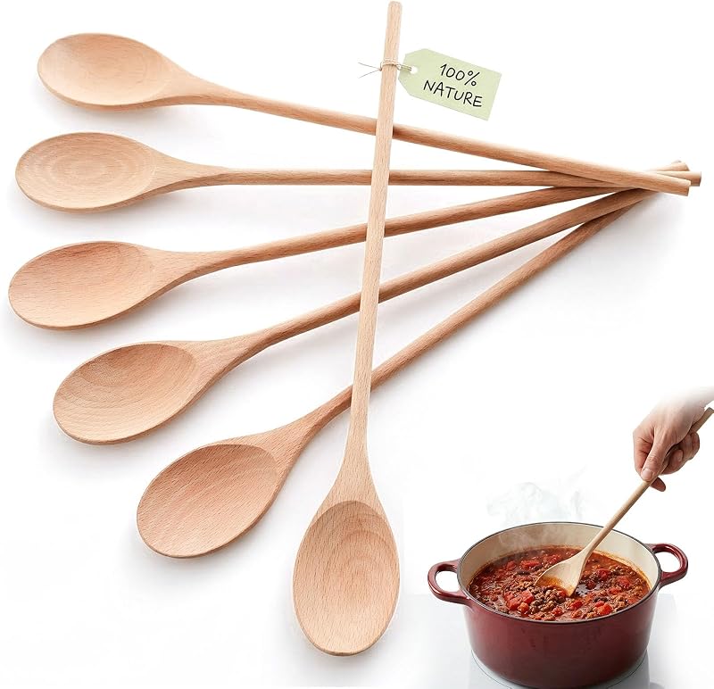 6 Cucharas Madera Mango Largo 14pulg para Ollas Profundas