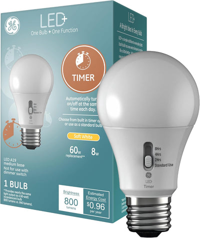 Bombilla LED A19 con temporizador 8W blanco suave pack 1
