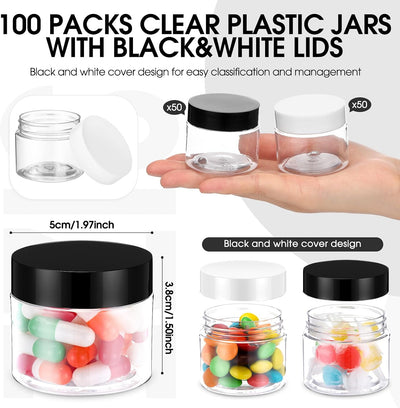 100 Tarros Plástico 2oz Redondos Transparentes con Tapas PP