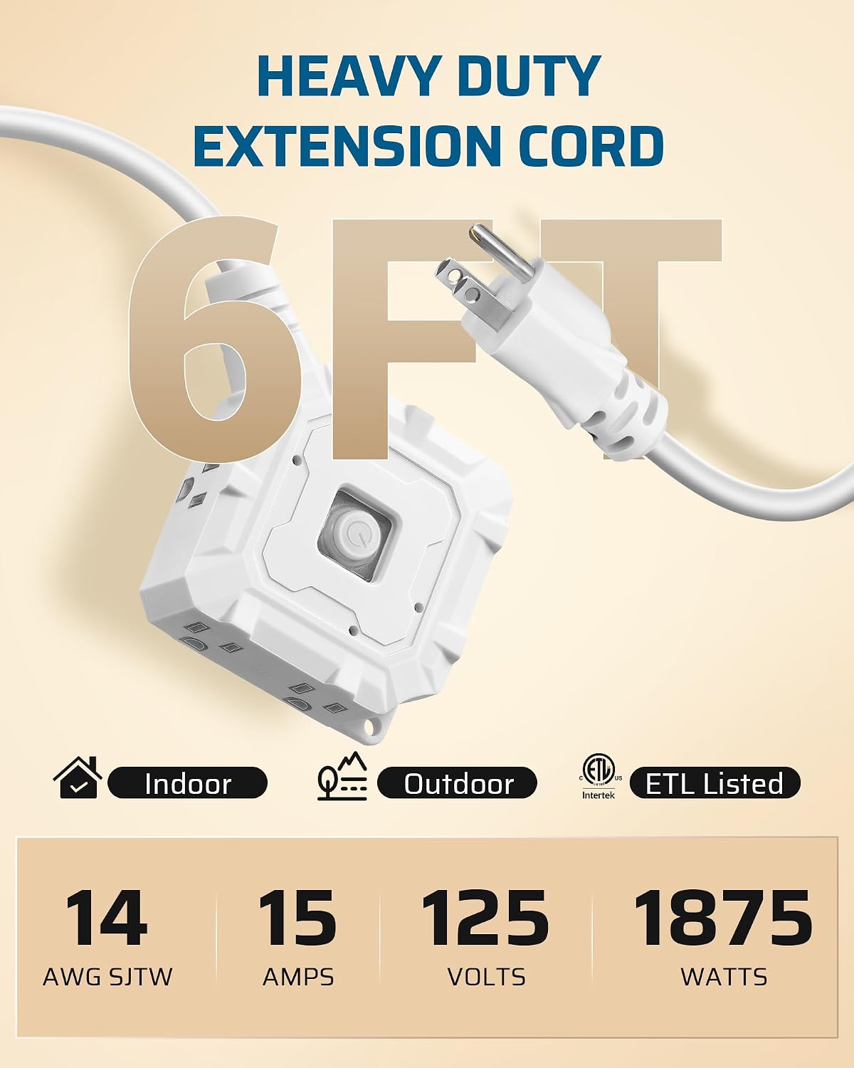 Cable extensión 6 pies 6 salidas con interruptor cubierta silicona 15a 125v