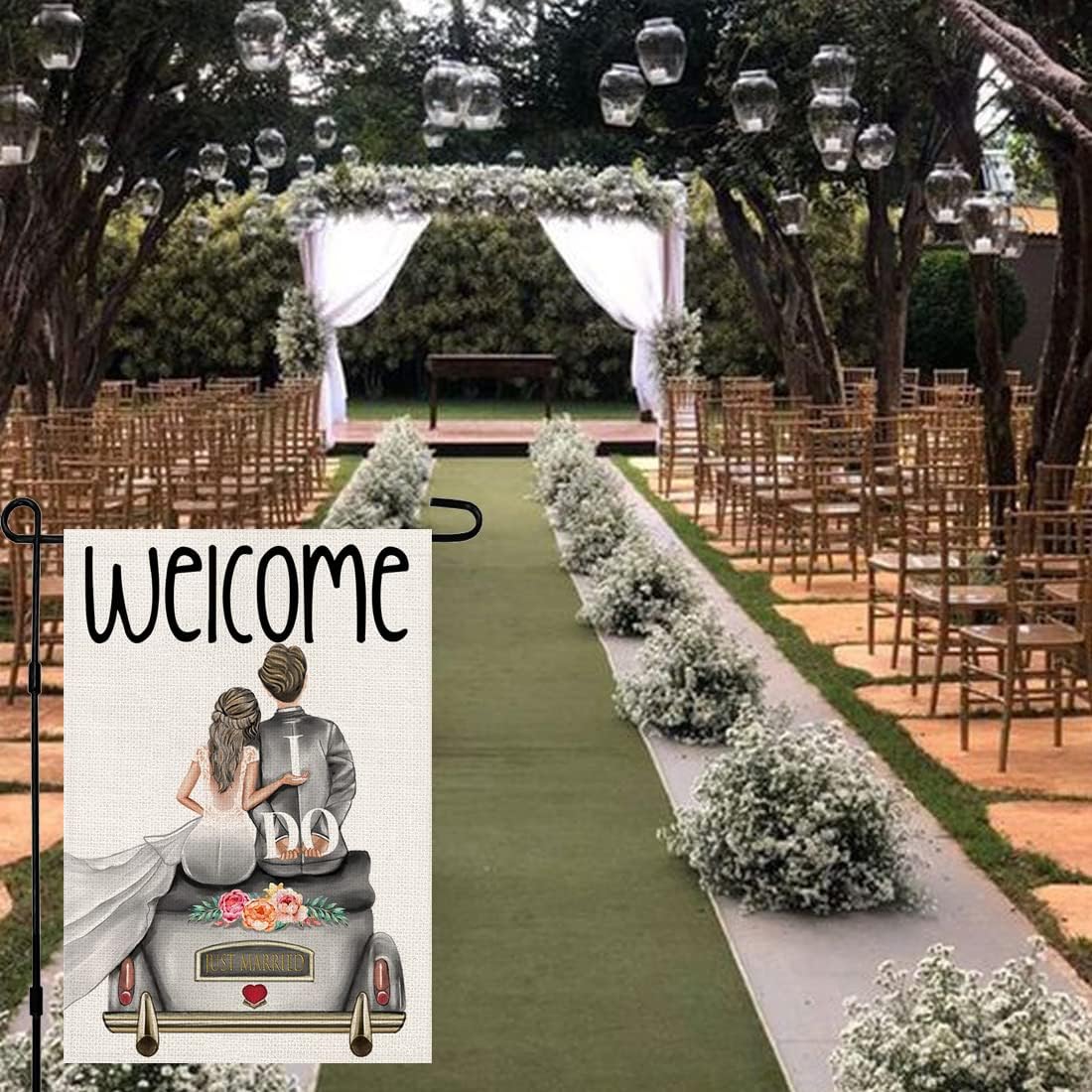 Bandera bienvenida boda 12x18pulg vertical doble cara