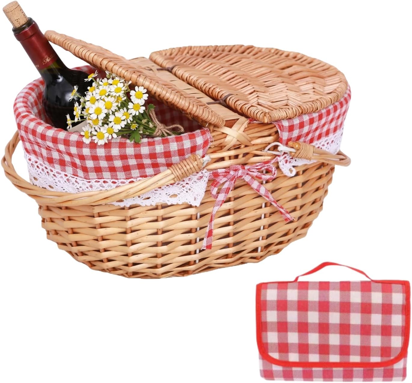Cesta picnic mimbre tapa tela asa plegable 13.78pulg