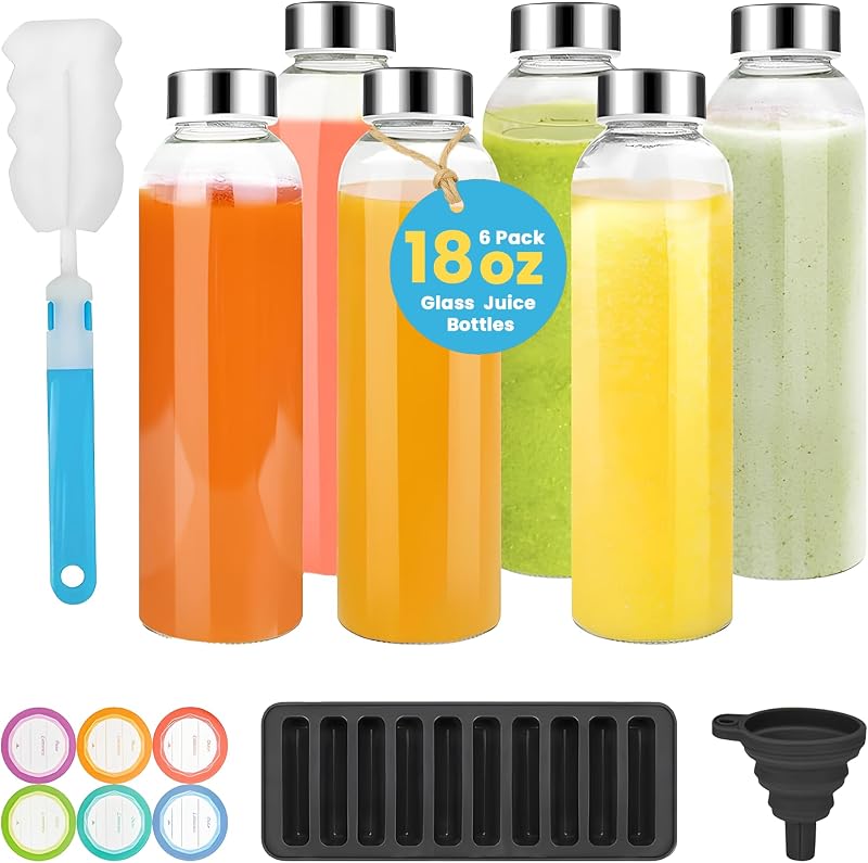 6 Pzas Botellas Vidrio Jugo 18oz Tapas Herméticas Acero Inox