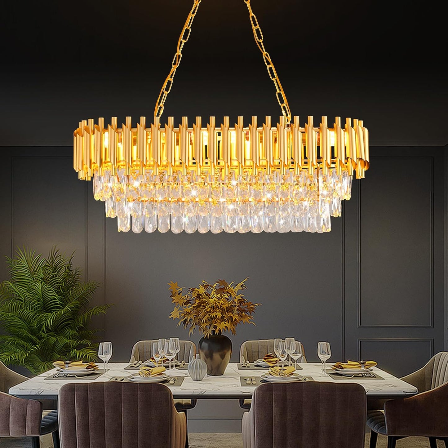 Lámpara colgante de cristal dorado 8 luces para comedor