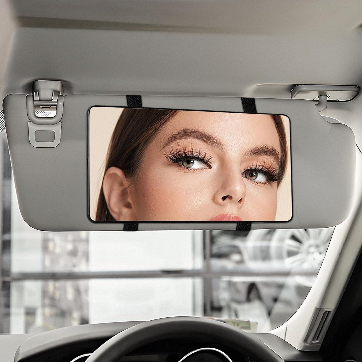 Espejo visera automotriz con correas para maquillaje