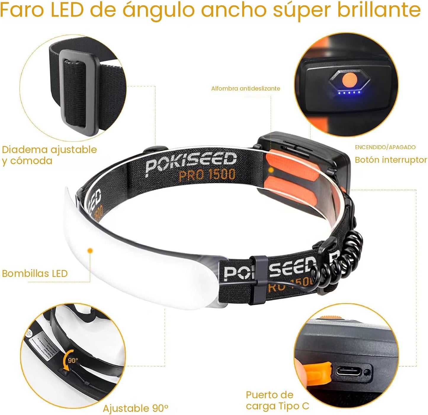 Linterna frontal LED recargable 1500lm 230° con luz trasera