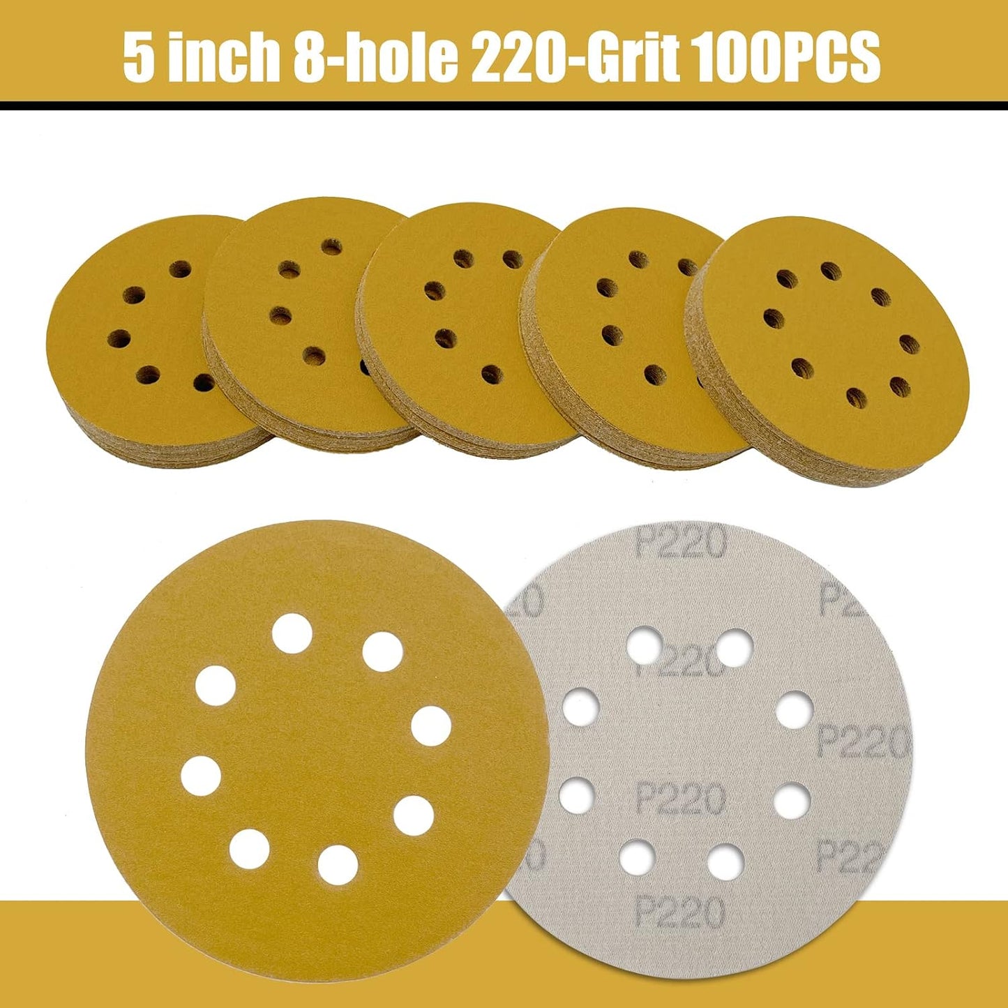 100 Discos Lija 5pulg 220 Grano 8 Agujeros Carpintería