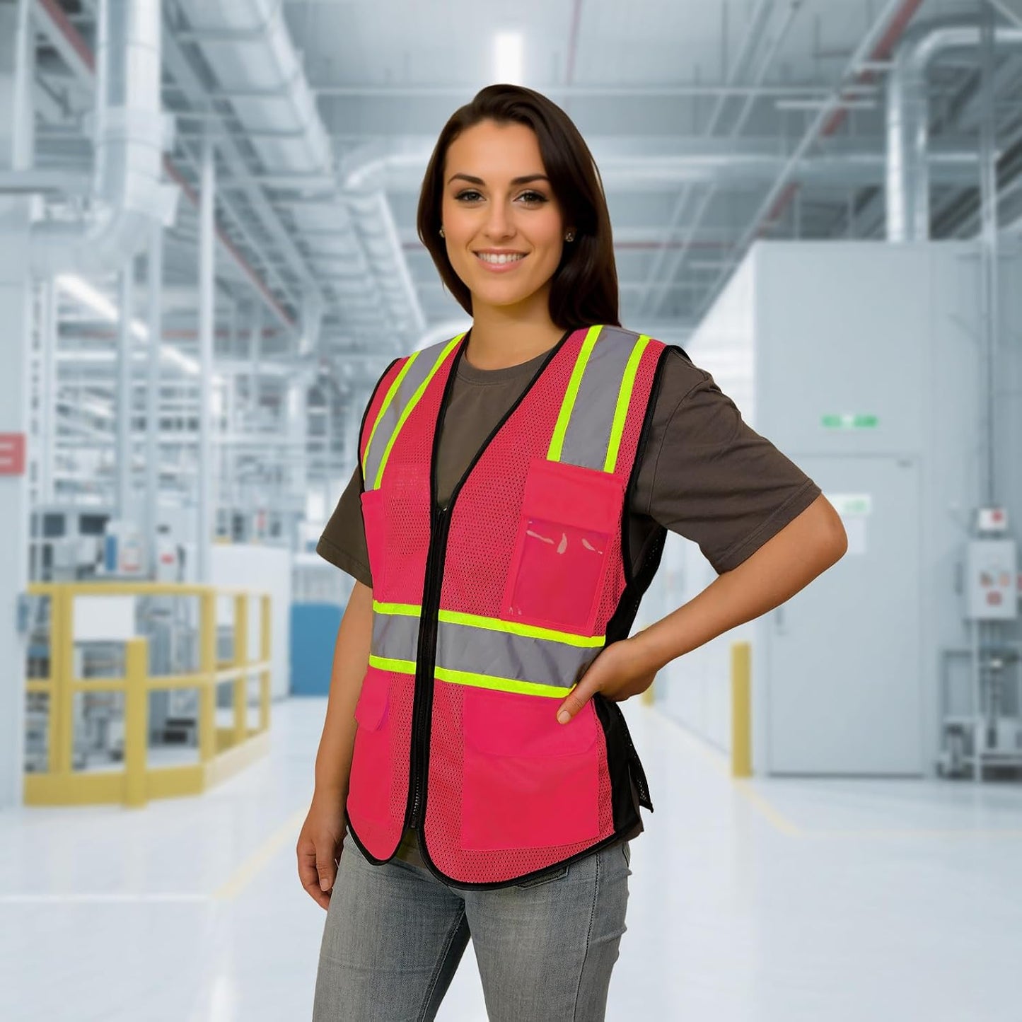 Chaleco seguridad rosa reflectante ANSI mujer con bolsillos