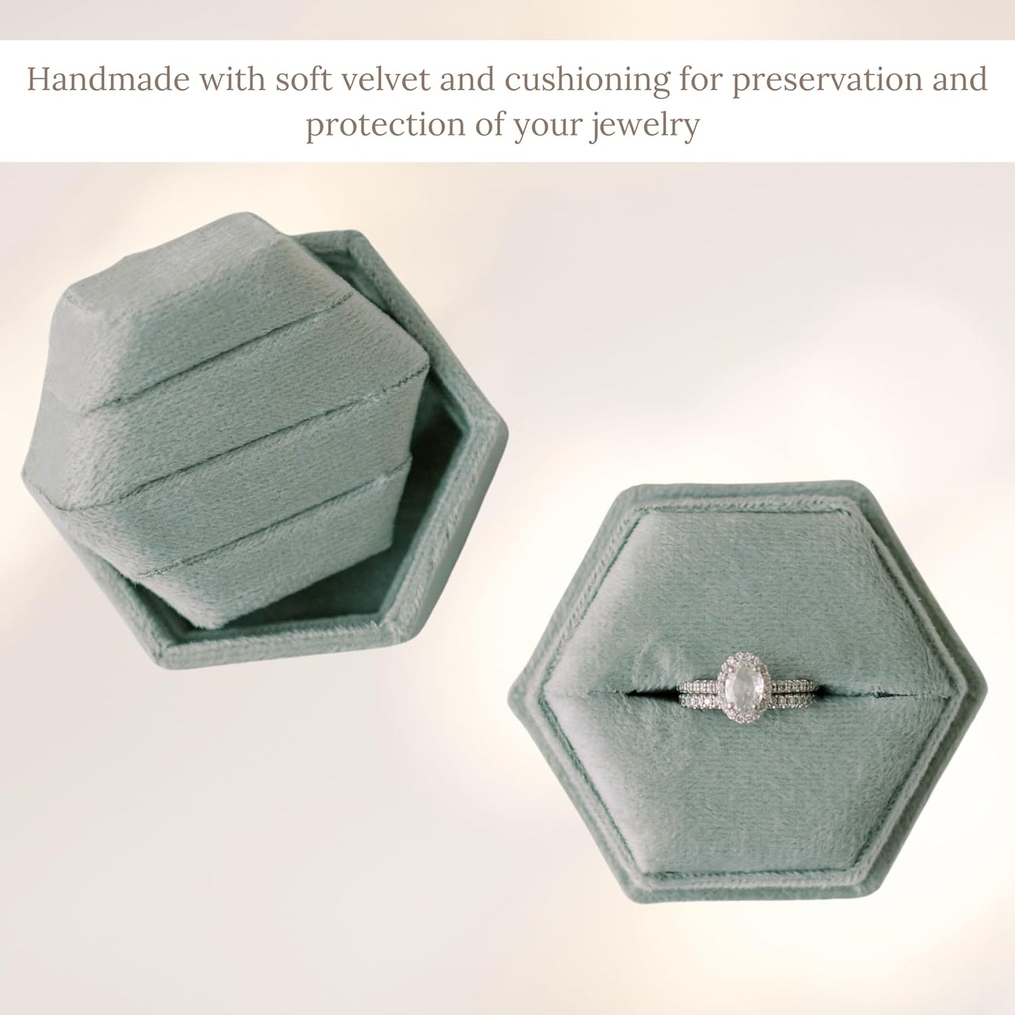 Caja terciopelo 2en1 para anillo boda color verde salvia