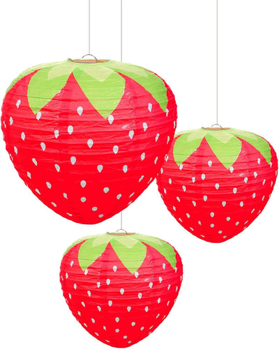 3 Linternas Papel Fresa 8x12pulg Rojo Decoración Fiesta