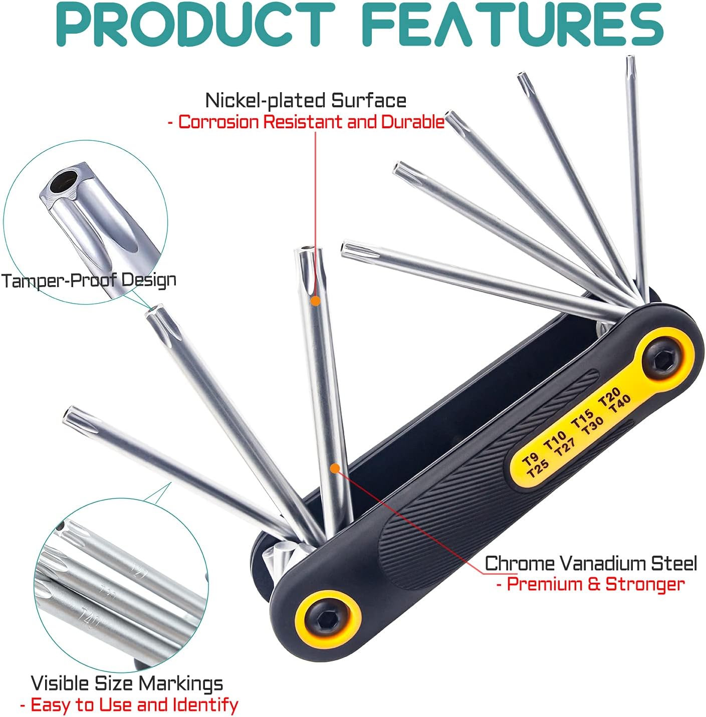 Juego 8en1 llaves Torx plegables T-9 a T-40