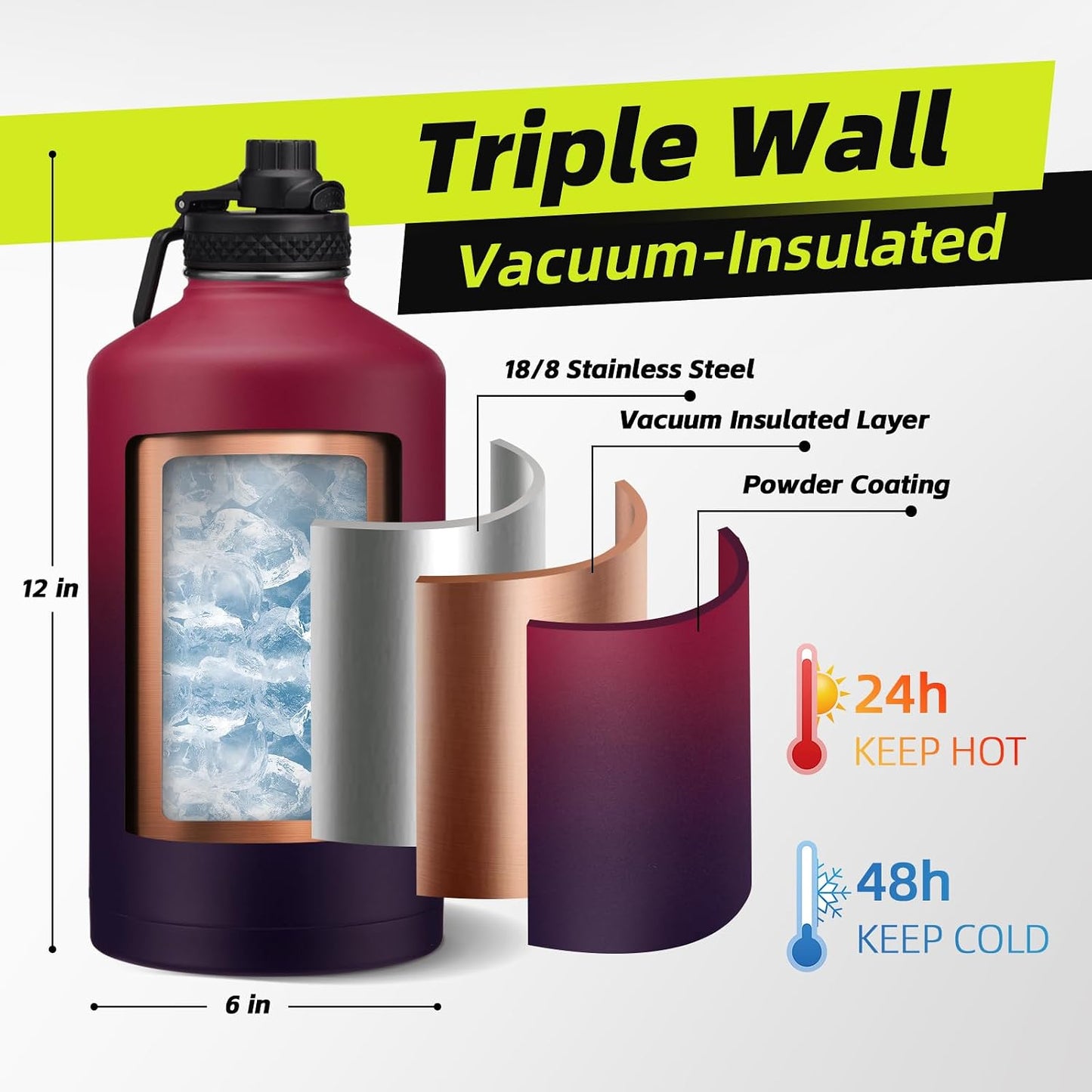 Botella agua aislada acero inox 128oz con tapa pajita