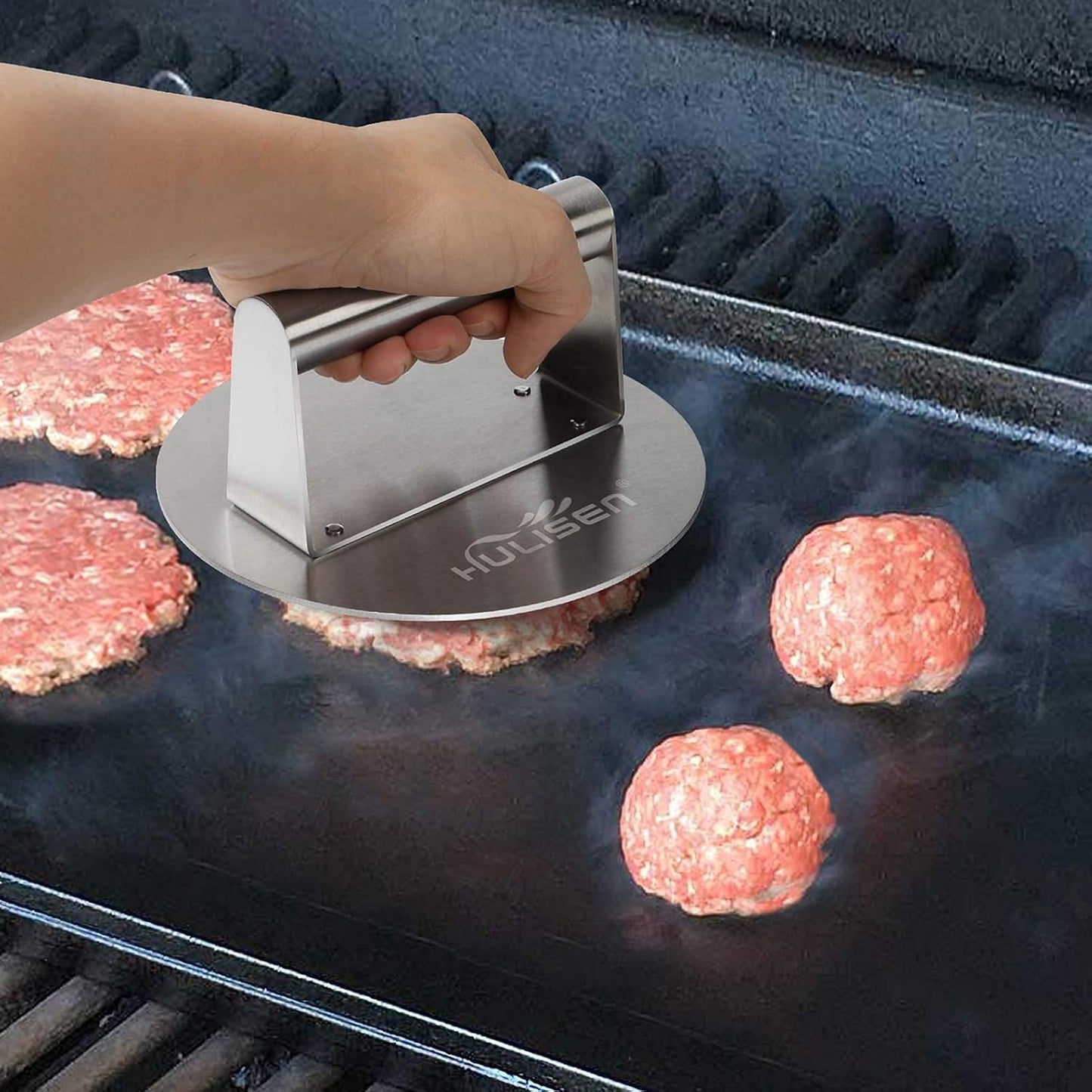 Kit prensa hamburguesas acero inox espátula y espolvoreador