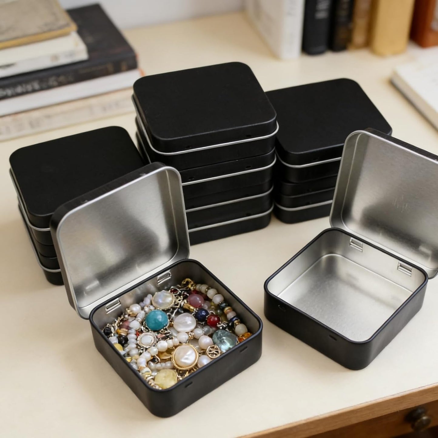 12 Latas Cuadradas Metal Vacías con Tapa 2.76x2.76" Negro