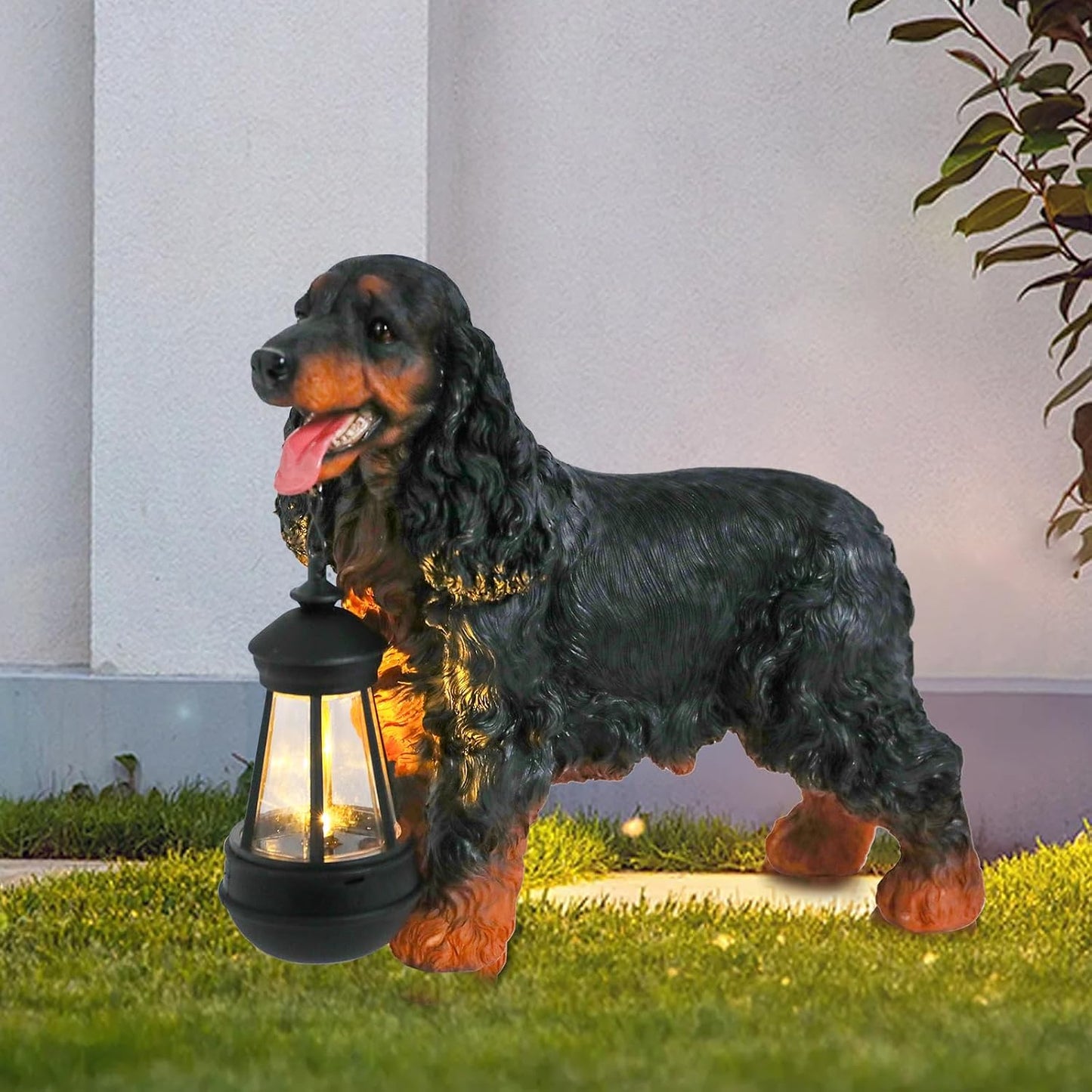 Estatua perro solar decoración jardín patio linterna artística