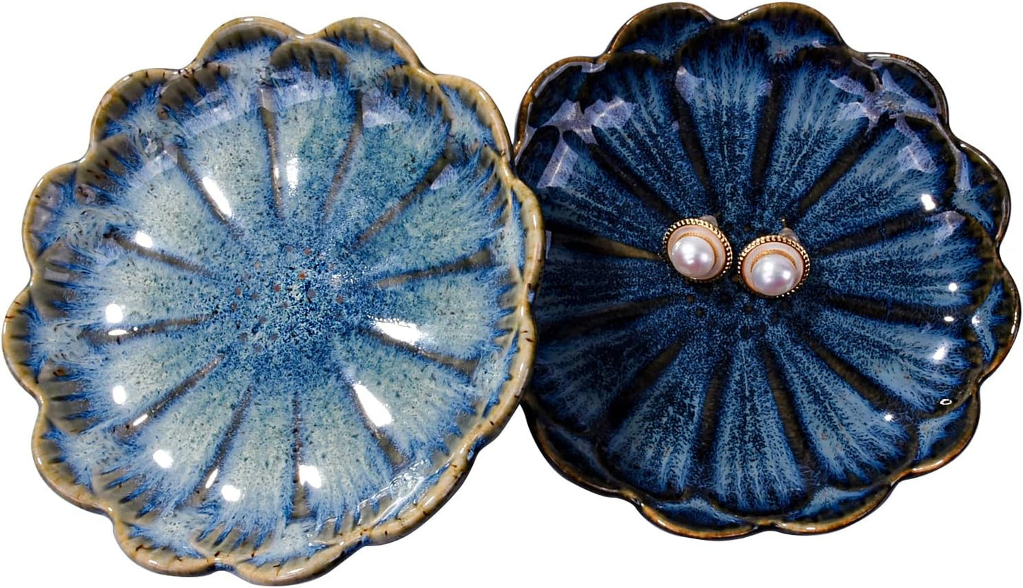 2 Pzas Bandejas Cerámica Joyas Flores Azules y Verdes