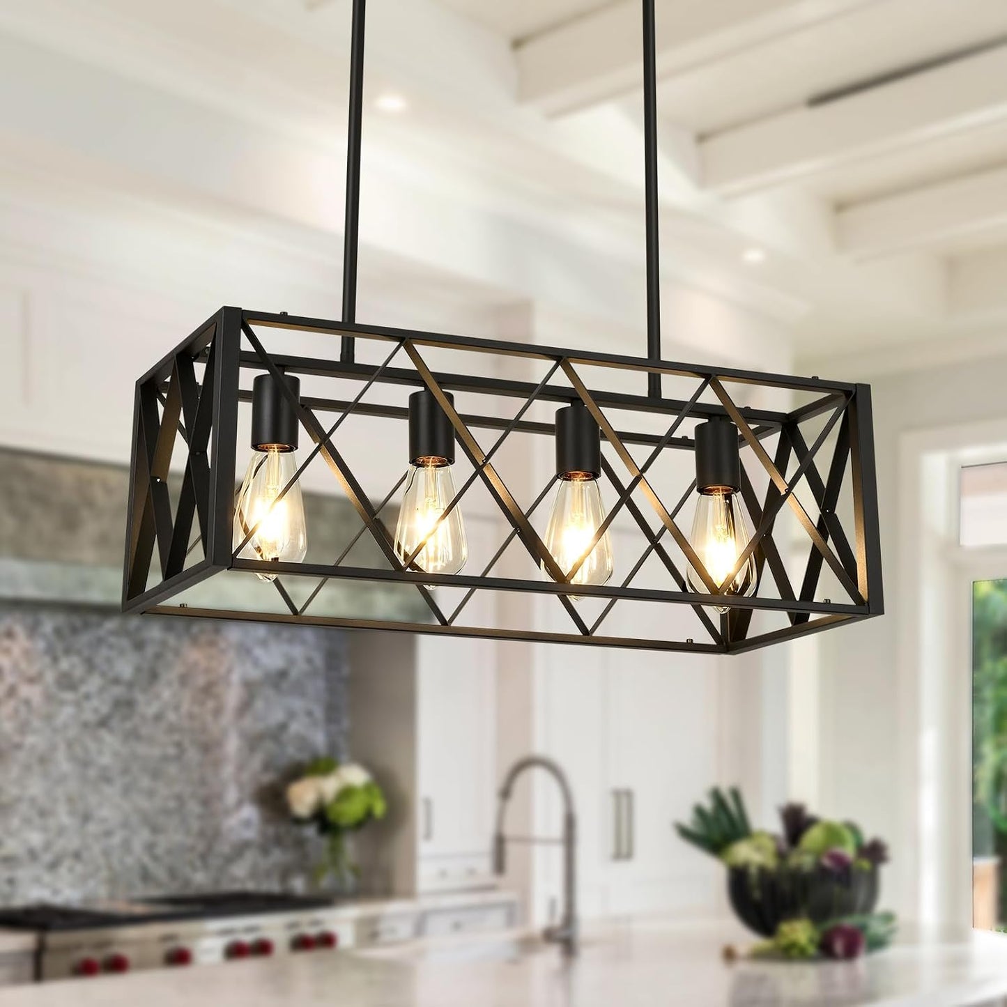 Candelabro rectangular industrial 4 luces para isla de