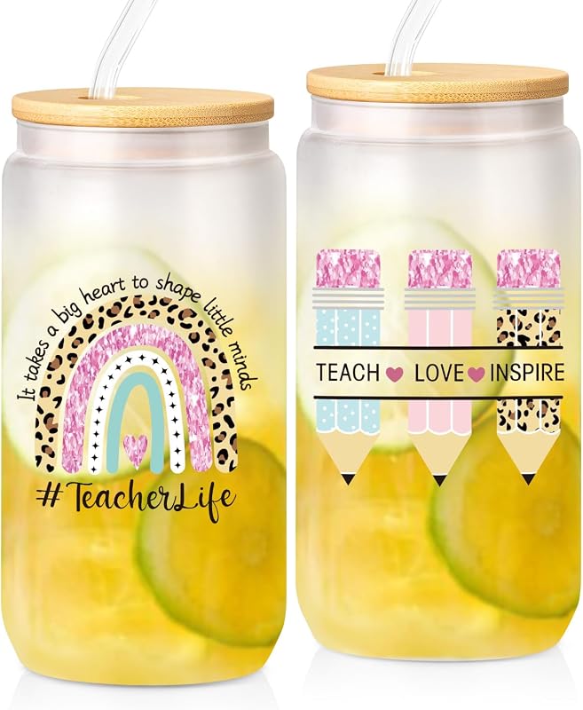 Taza café vidrio 16oz con popote regalo profesor