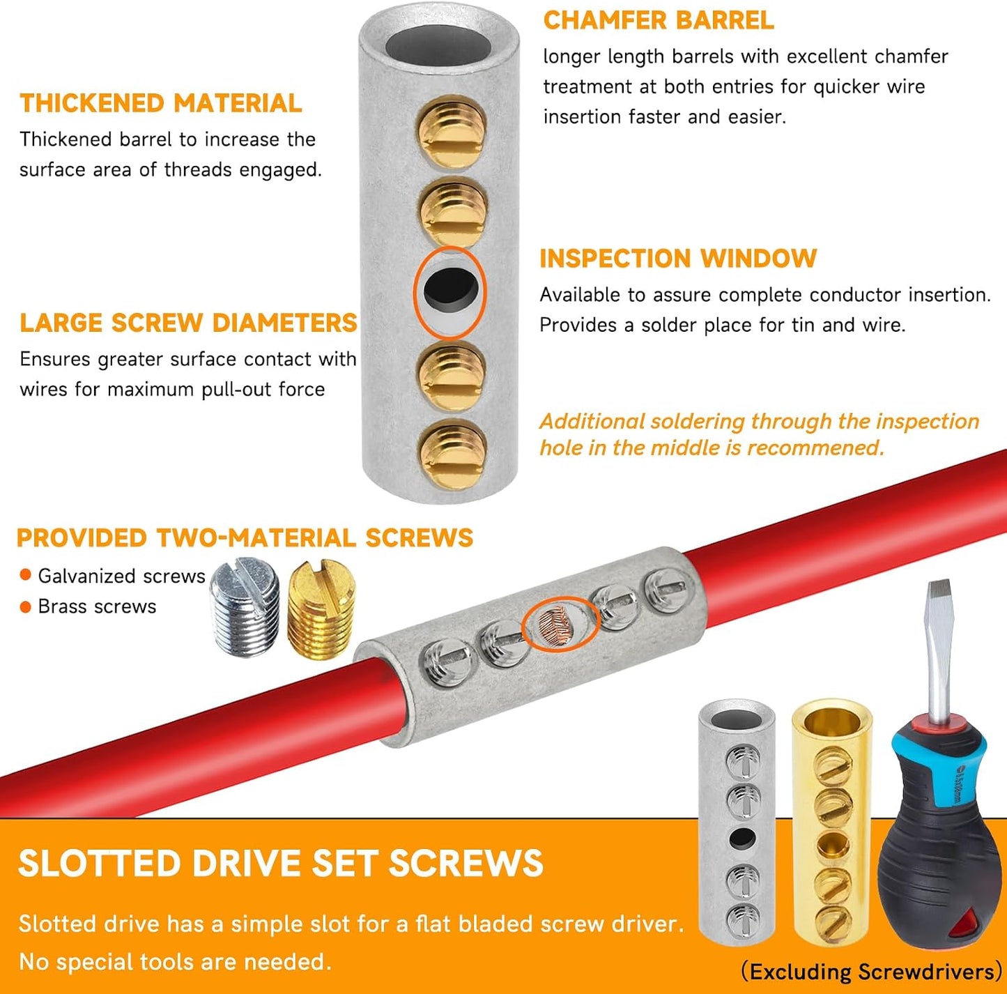 Conectores tope cables 6 pzas kit latón estañado 1/0 awg