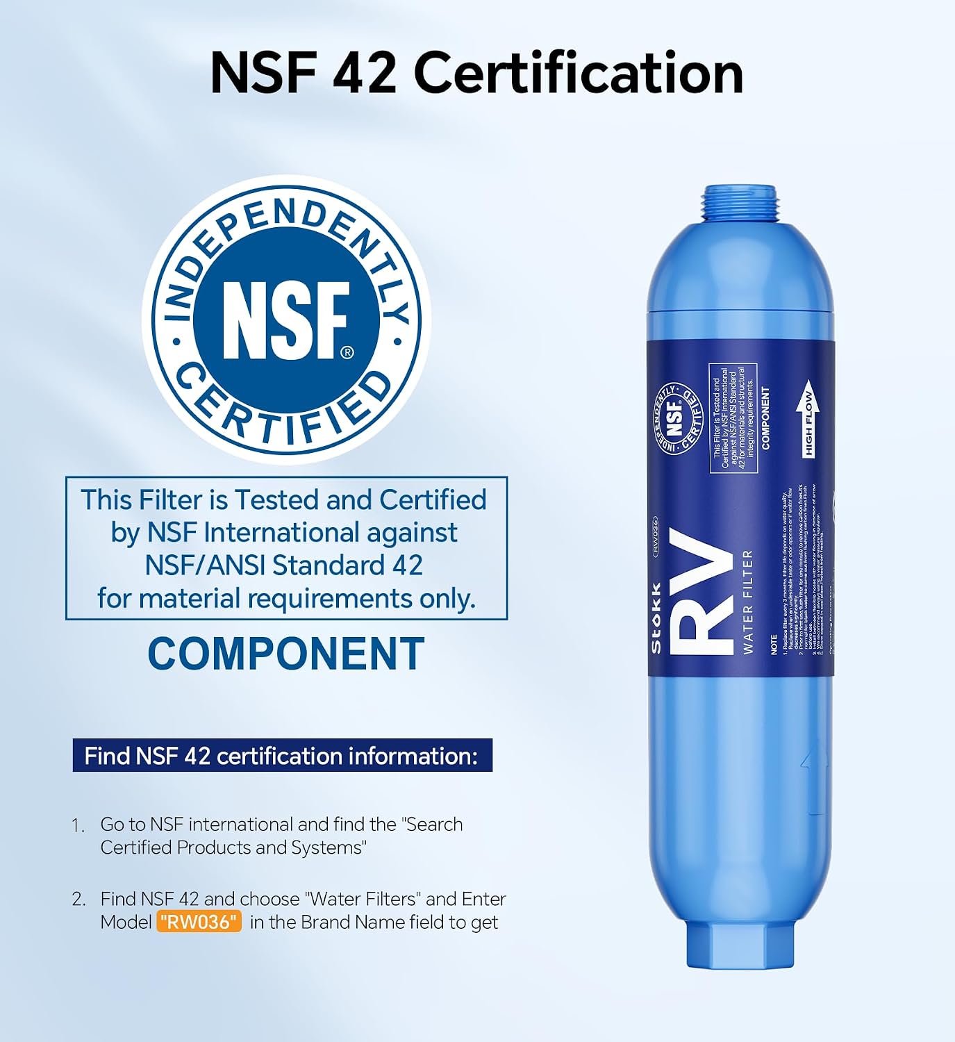 Filtro agua autocaravana certificado NSF reduce mal sabor cloro