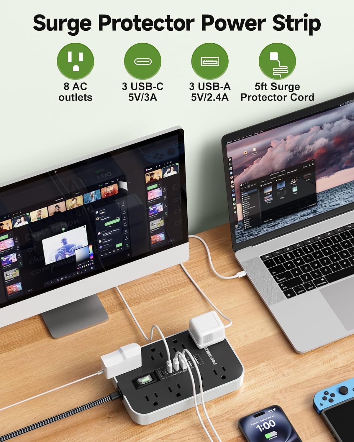 Protector sobretensiones regleta 5pies 8 salidas USB