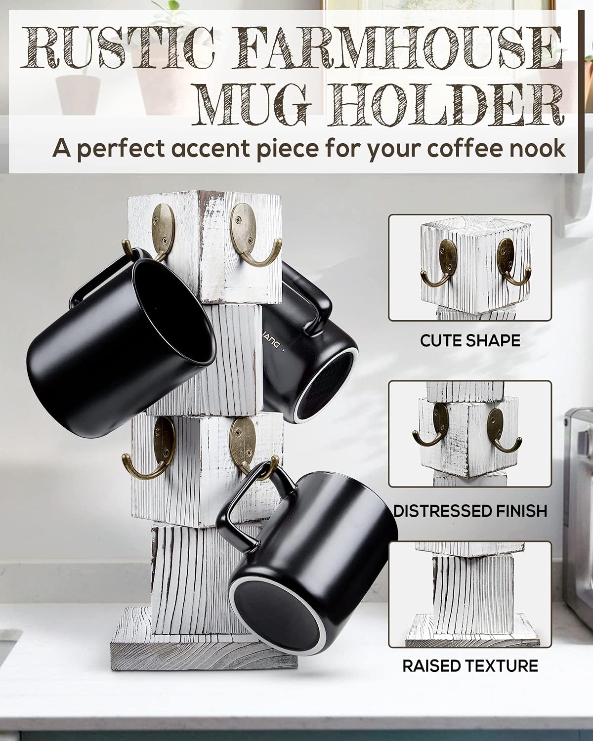 Soporte tazas café madera rústica con 8 ganchos