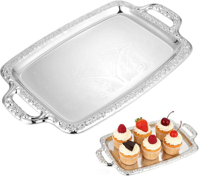 Bandeja de plata para fiestas con asas y grabados florales