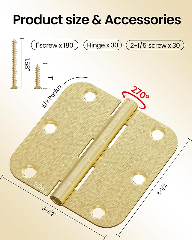 Bisagras puerta latón satinado 3.5" redondas 30 pzas