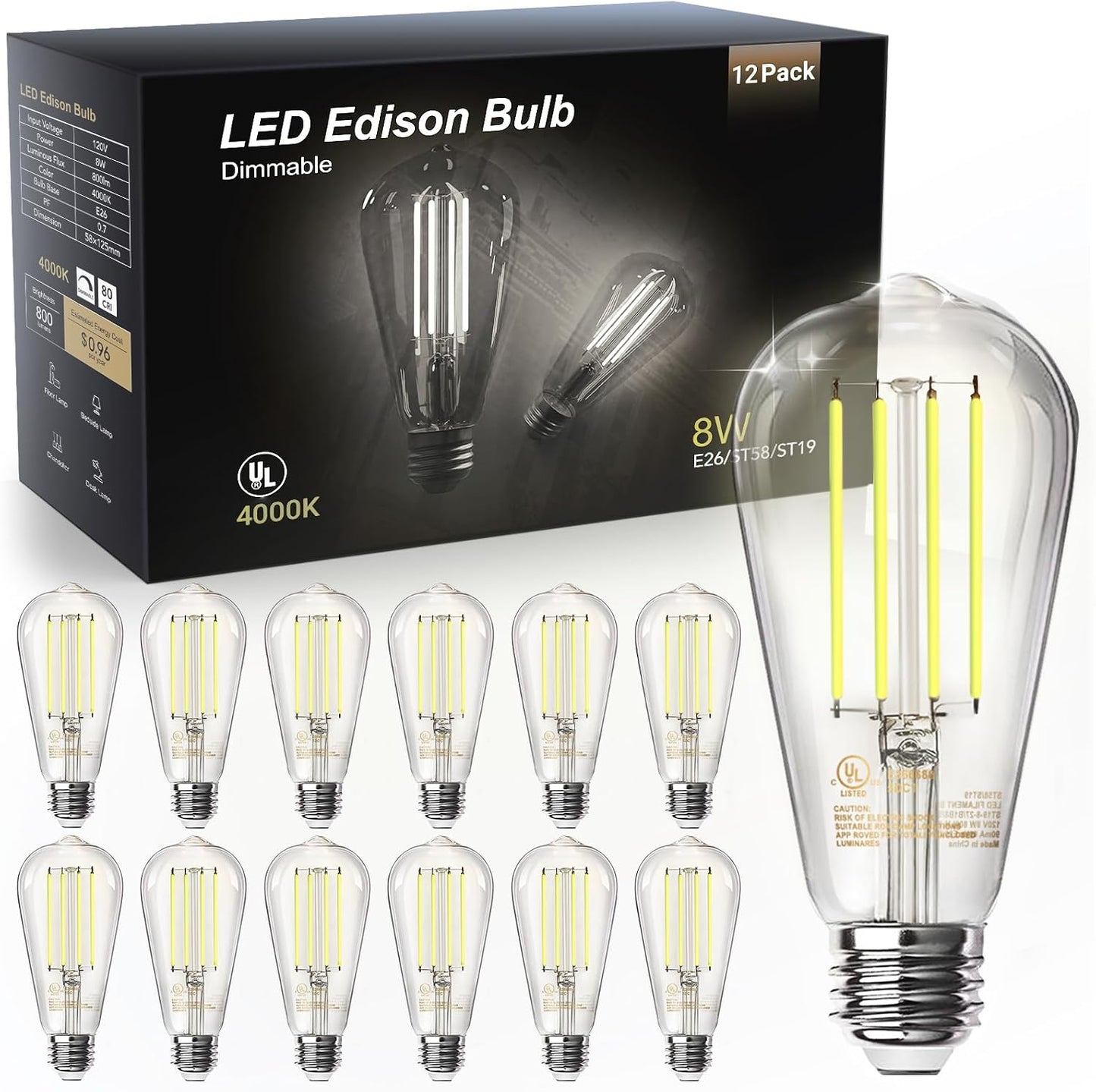 12 Bombillas LED Edison E26 8W 4000K Blanco Natural Regulable