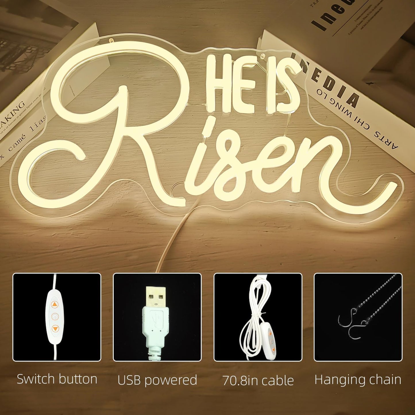 Letrero LED neón USB He Is Risen para pared Navidad Pascua