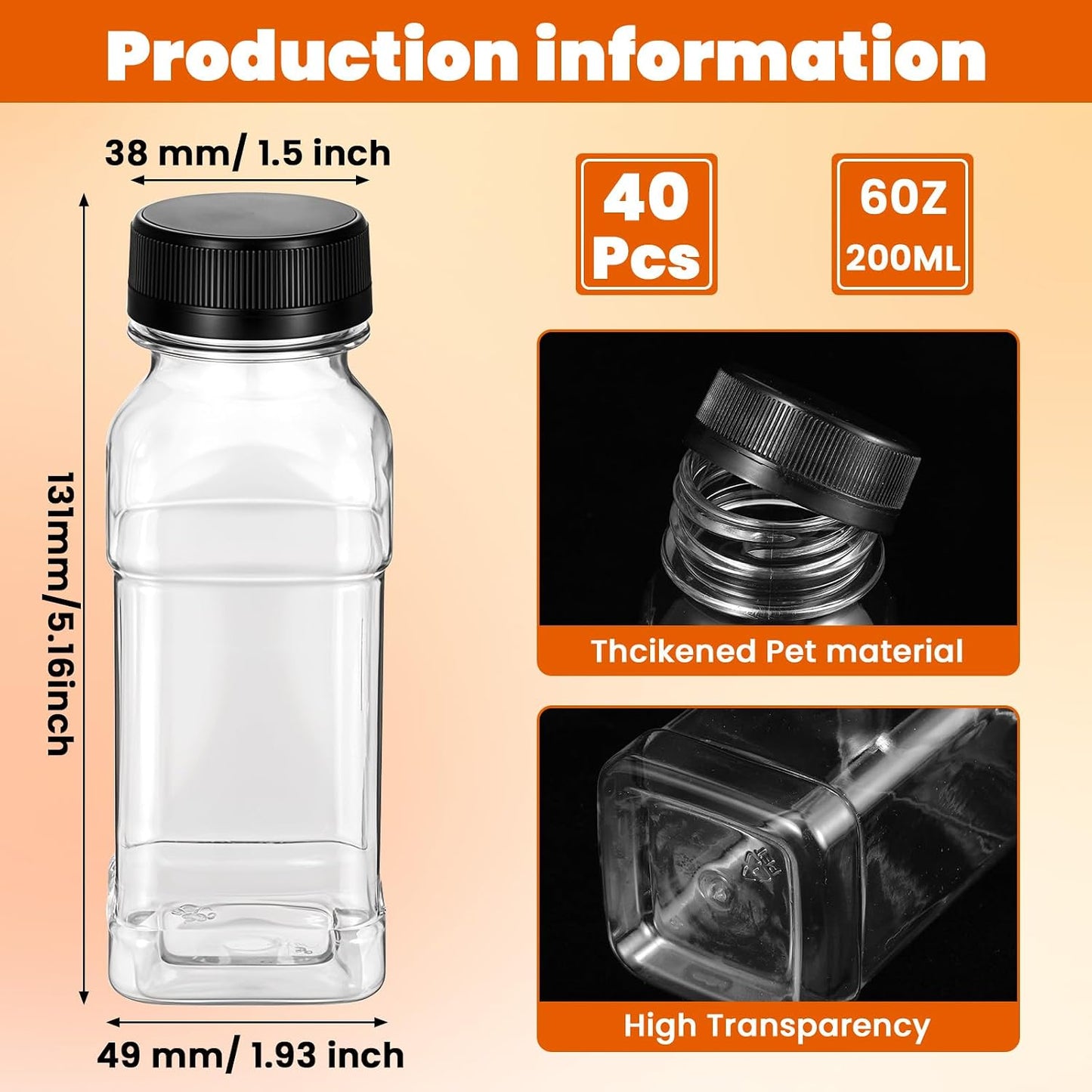 40 Botellas Plástico 6.7oz con Tapas Reutilizables para Jugo