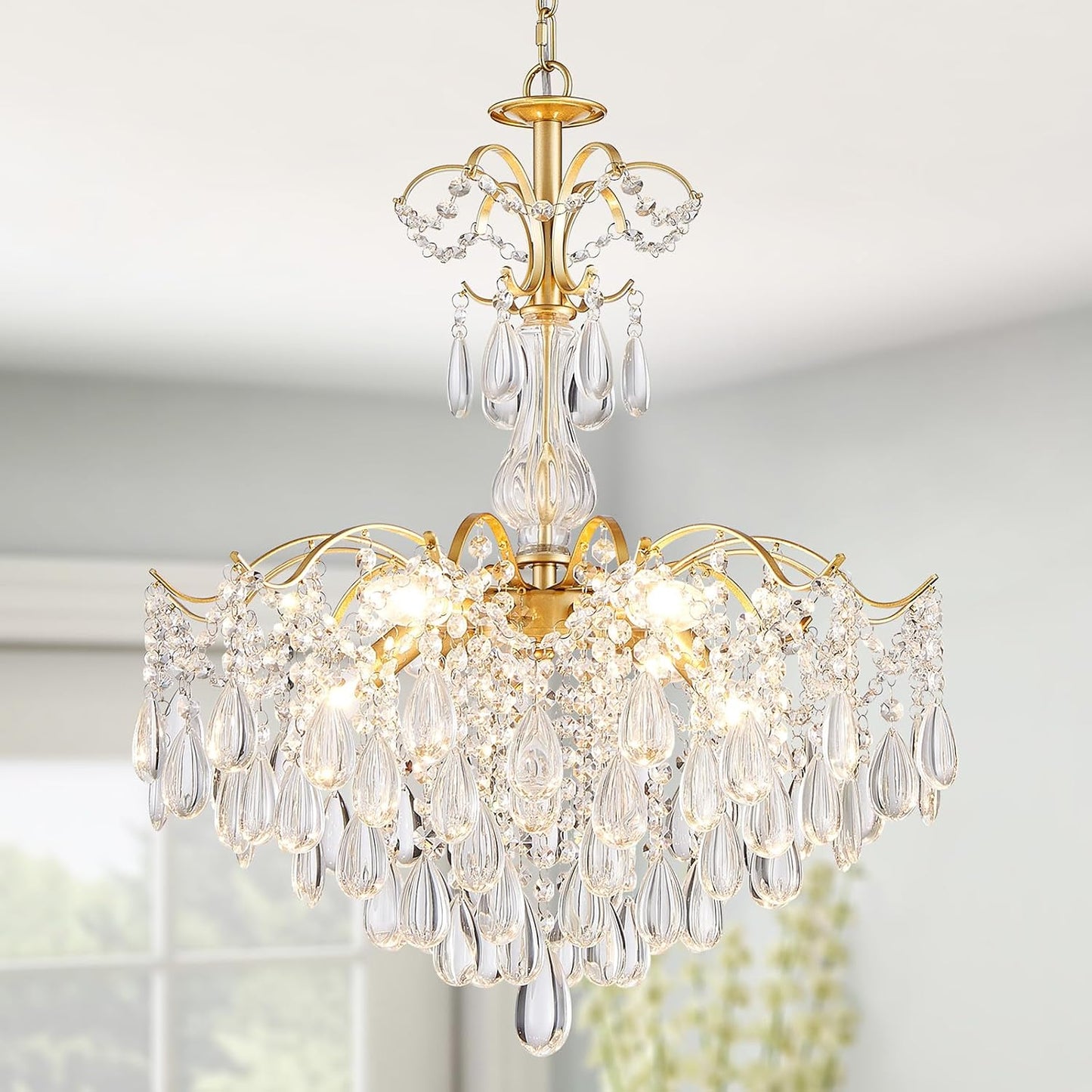 Candelabro colgante cristal 6 luces E12 dorado 25.6pulg