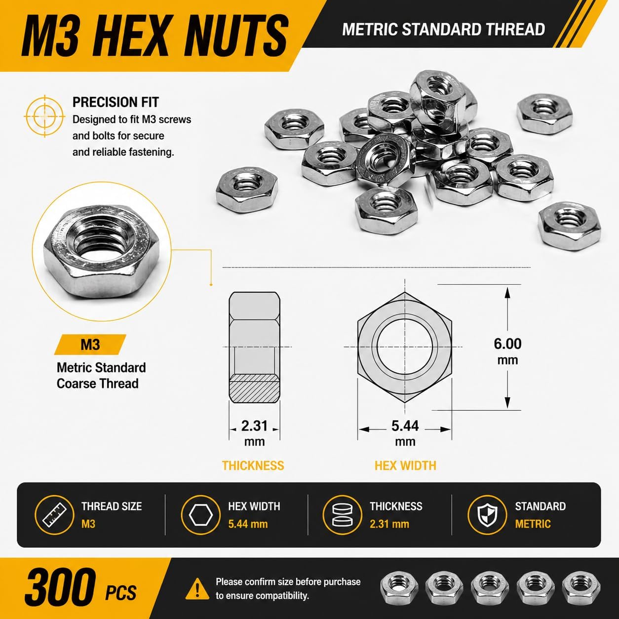 300 Tuercas M3 Acero Inox 304 para Electrónica y 3D