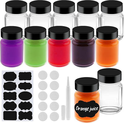 10 Botellas Vidrio 2oz Boca Ancha Tapas Etiquetas Negras Jugo Viaje