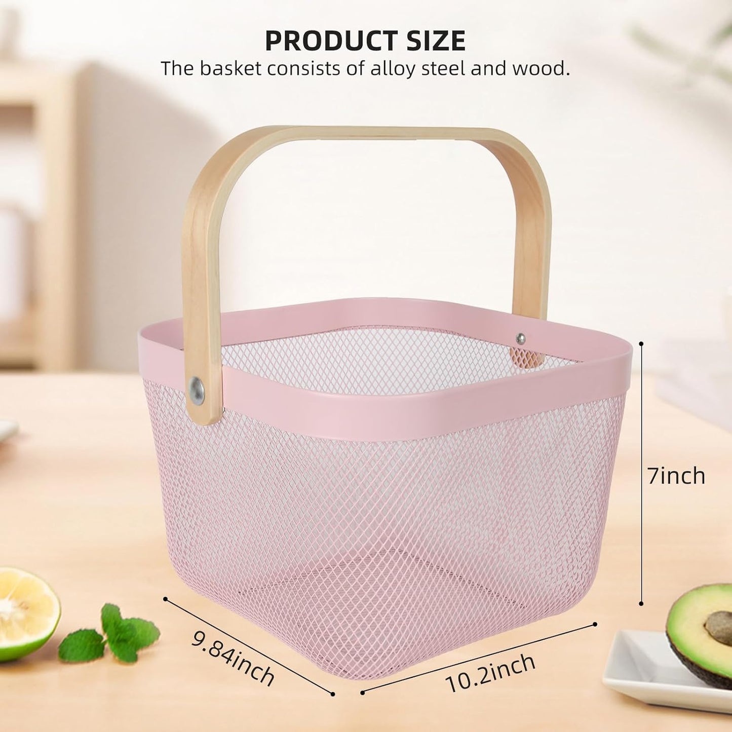 Cesta malla acero mango madera colgante jardín cocina baño
