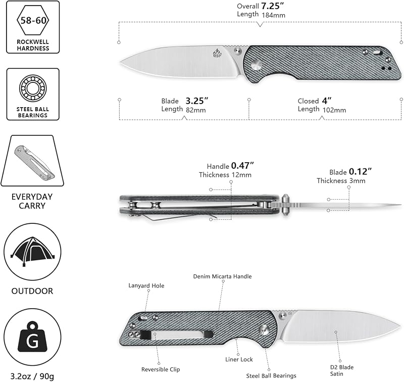 Cuchillo EDC hoja D2 3.25" mango micarta bloqueo