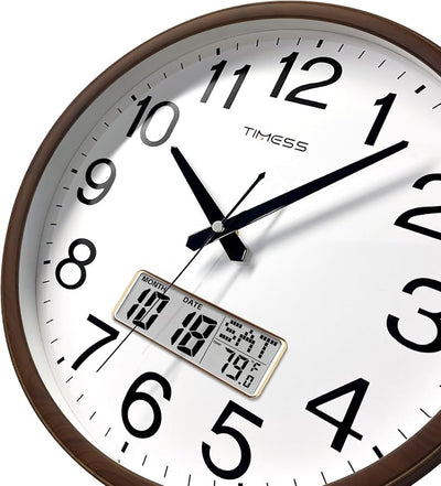 Reloj pared madera 11pulg cuarzo silencioso calendario temperatura