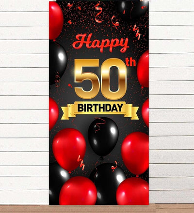 Cartel feliz 50 cumpleaños rojo y negro decoración cabina fotos