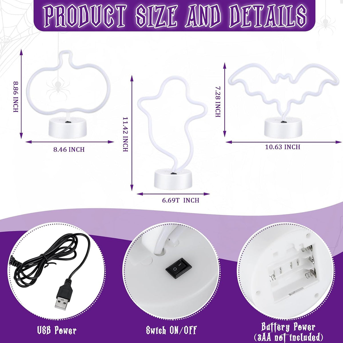 3 Pzas Luces Neón Halloween Fantasma Calabaza Murciélago