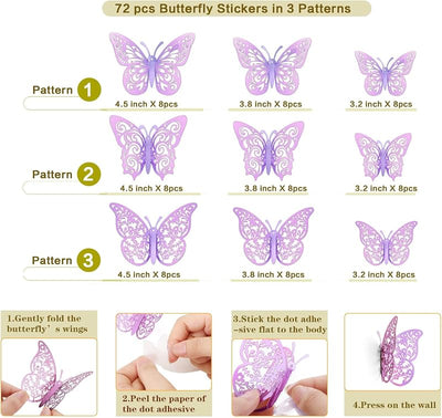 72 Pzas Decoraciones Mariposa 3D para Pared y Pasteles