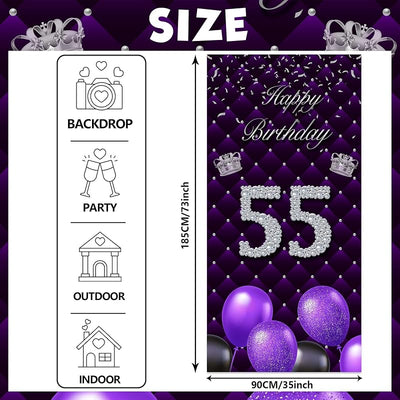 Cartel feliz cumpleaños 55 morado globos corona plateada mujer