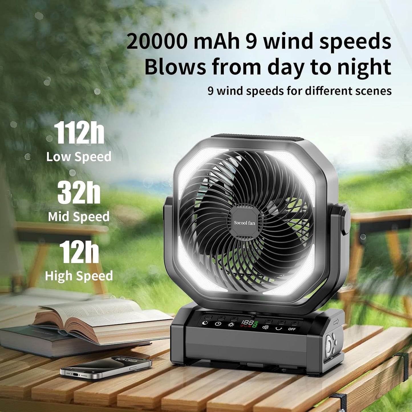 Ventilador campamento con luz batería 20000mah 9 velocidades