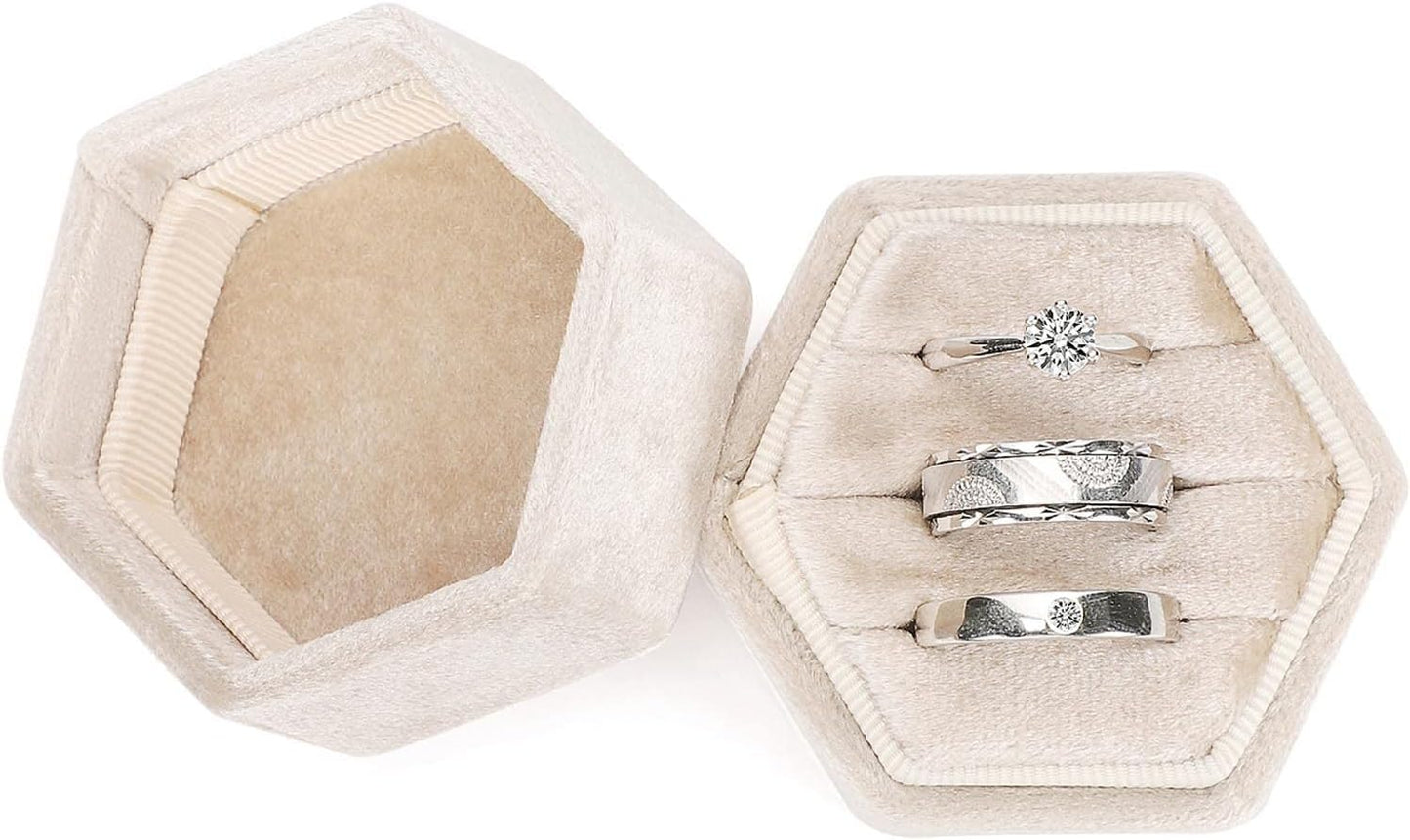 Caja terciopelo anillo 3 ranuras hexagonales vintage beige