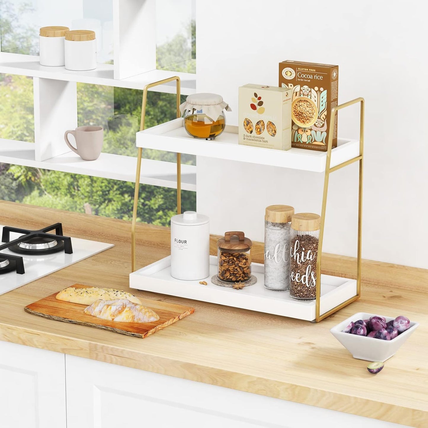 Organiz. baño estante madera para tocador y maquillaje