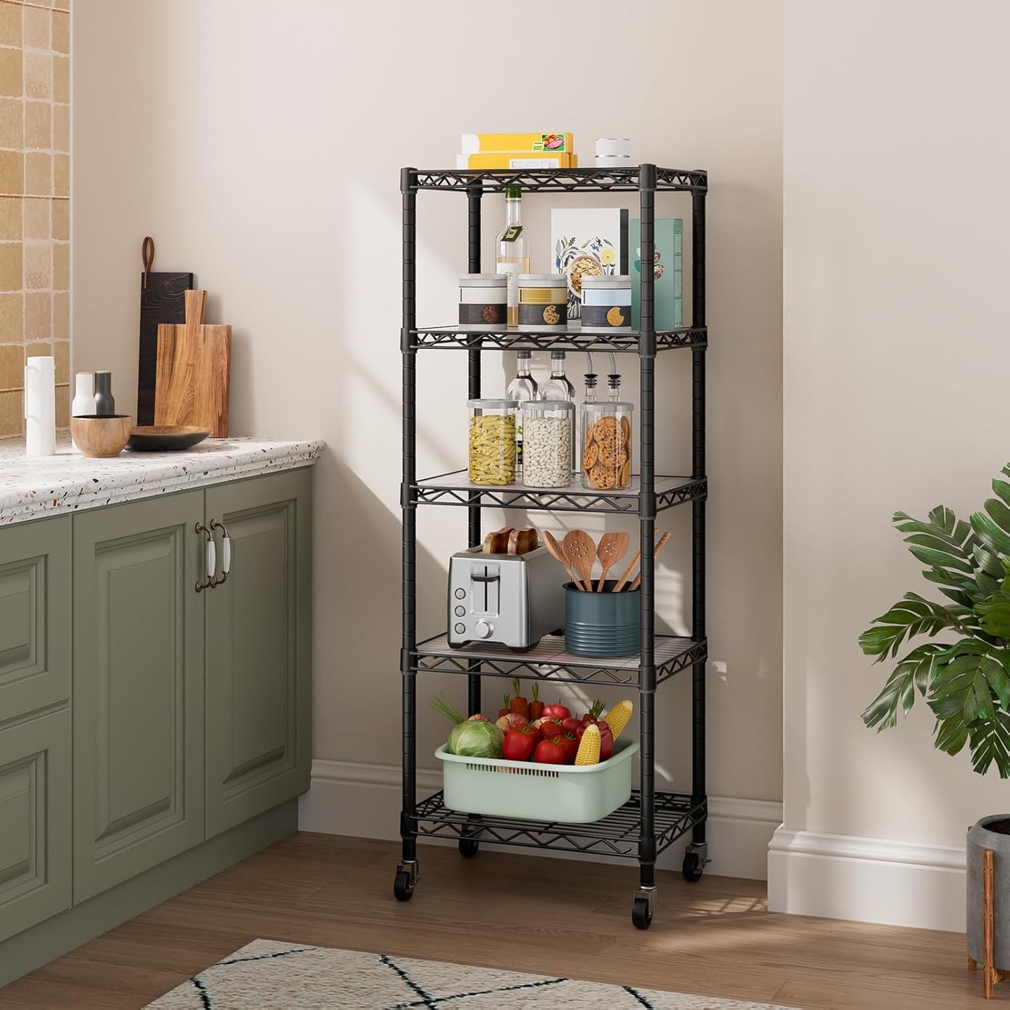 Estantería 5 niveles alambre con ruedas para baño y cocina
