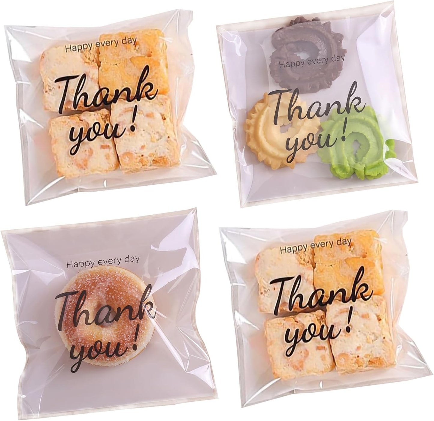 100 Bolsas Autoadhesivas 5.9x5.9pulg con Texto Thank You