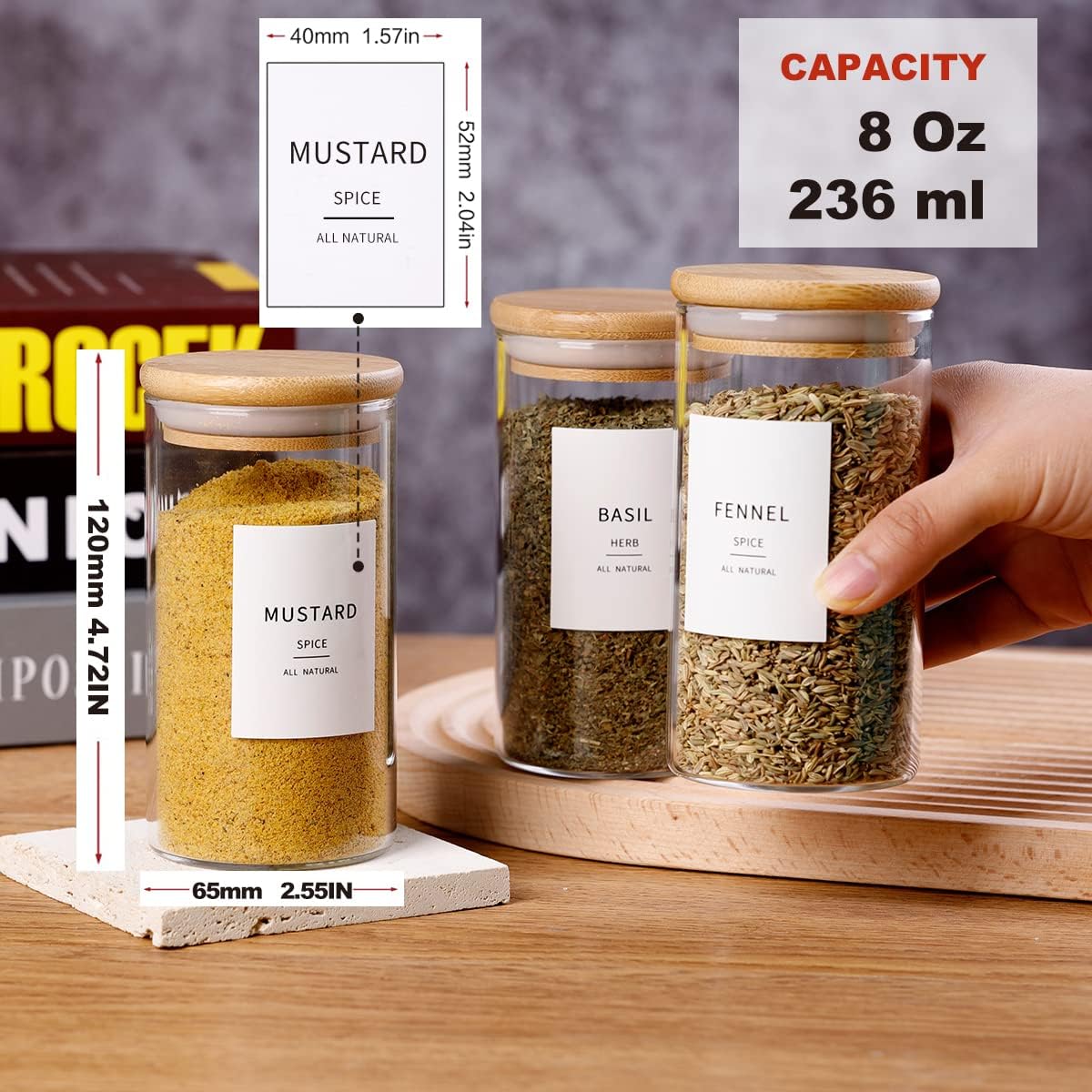 12 Tarros Vidrio Especias 8oz con Tapas Bambú