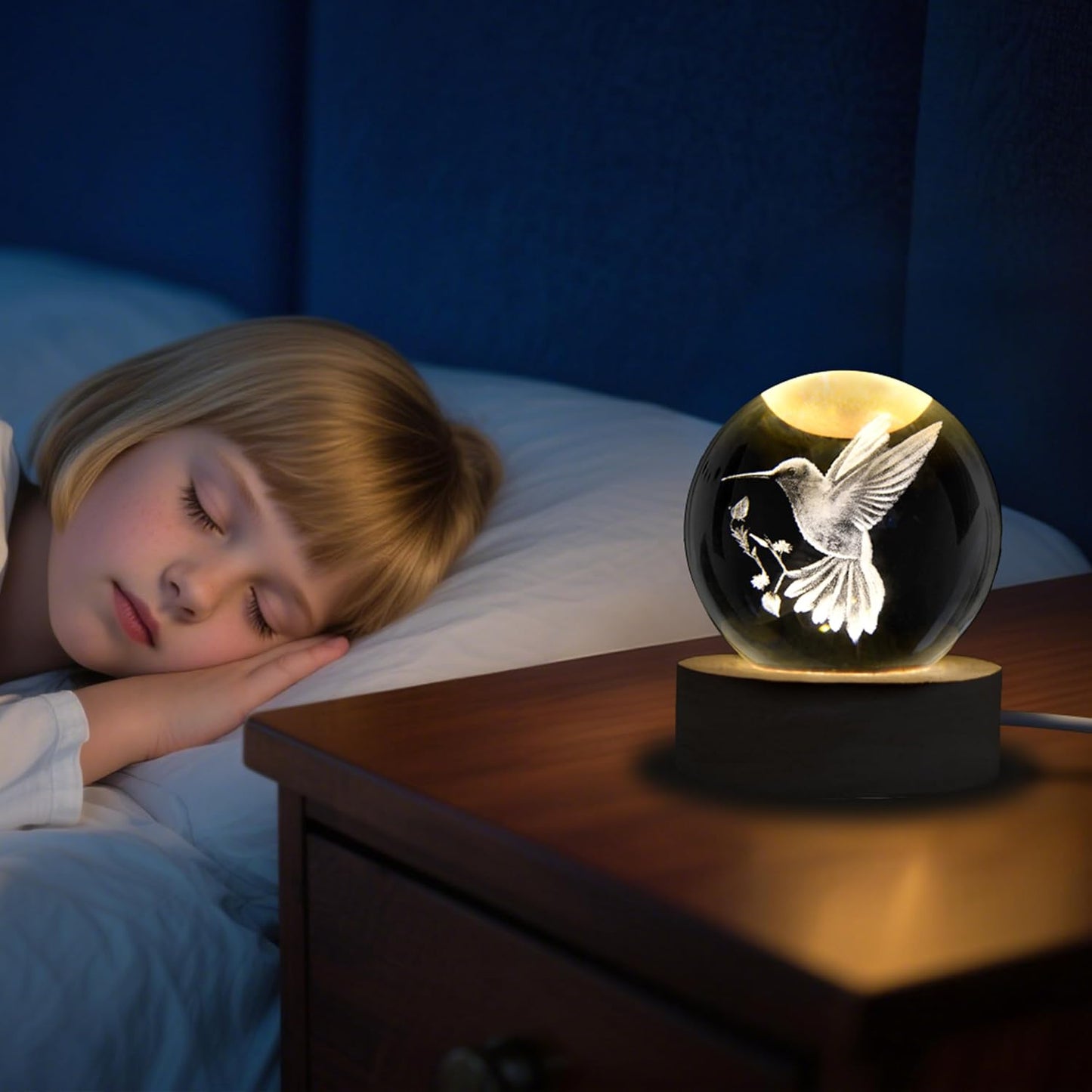 Bola cristal grabado 3D pájaro con soporte LED lámpara colibrí