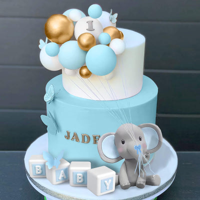 Decoración pastel elefante letra azul bola perla blanca cumpleaños